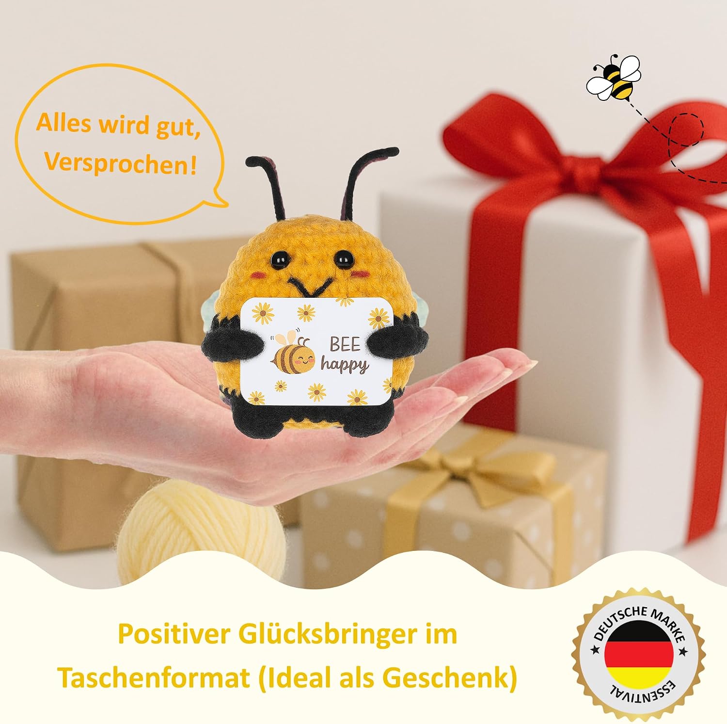 Premium Handmade Positive Biene Pocket Hug aus Strickwolle, Kleine Umarmung, Kreative Glücksbringer für Prüfung, Abschluss, Mutmacher, Gute Besserung Geschenk, Kartoffel (Biene) - 7