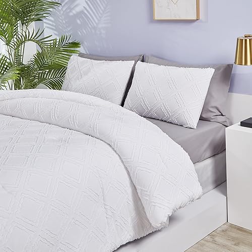 Miniatura 5 de Luxlovery Juego de edredón de jacquard blanco, tamaño King, bohemio, color blanco liso, copetudo con bordado de diamante, acogedor y bohemio, juego