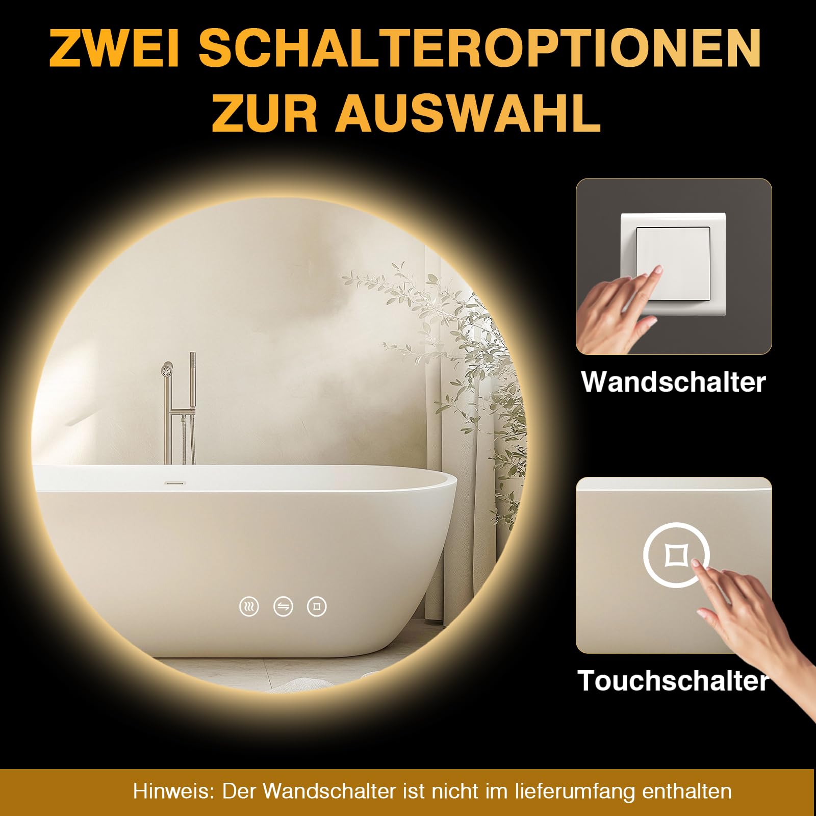 Badspiegel mit Beleuchtung 80cm, LED Bad Spiegel mit Licht, Antibeschlag, 3 Lichtfarben, Dimmbar, Touch-Schalter, Speicherfunktion, Runder Energiesparender Badezimmerspiegel