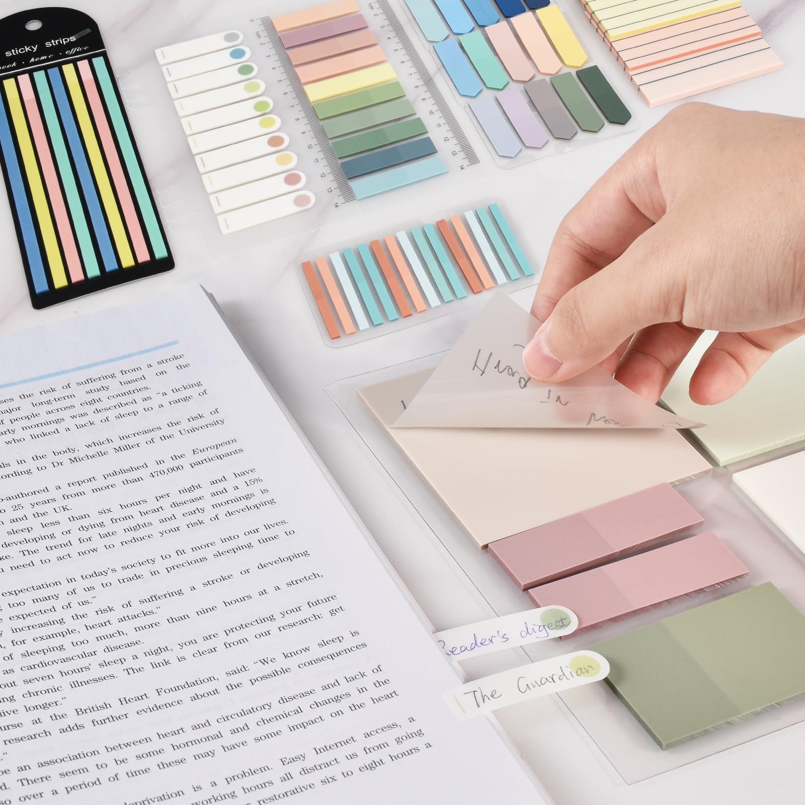 BAYTORY 1610 Blatt Transparente Haftnotizen mit Textmarker-Klebeband, transparent, wasserdicht, 7,6 x 7,6 cm, durchsichtig, Memoblock, selbstklebend, durchscheinend, beschreibbare Index-Tabs zum