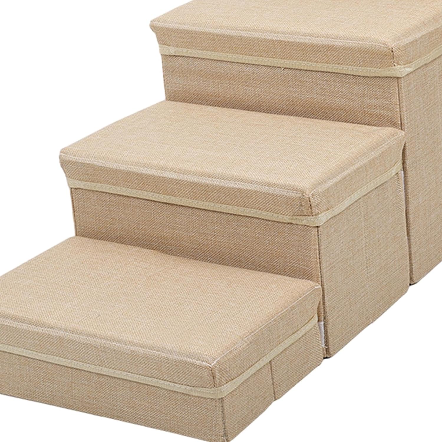 Generic Pet Dog Stairs Ladder Puppy Toy Storage Box 4 Steps Dog Ramp Foldable Anti Slip Dog Ladder Pet Ramp for Large Medium Dogs Pet, Beige