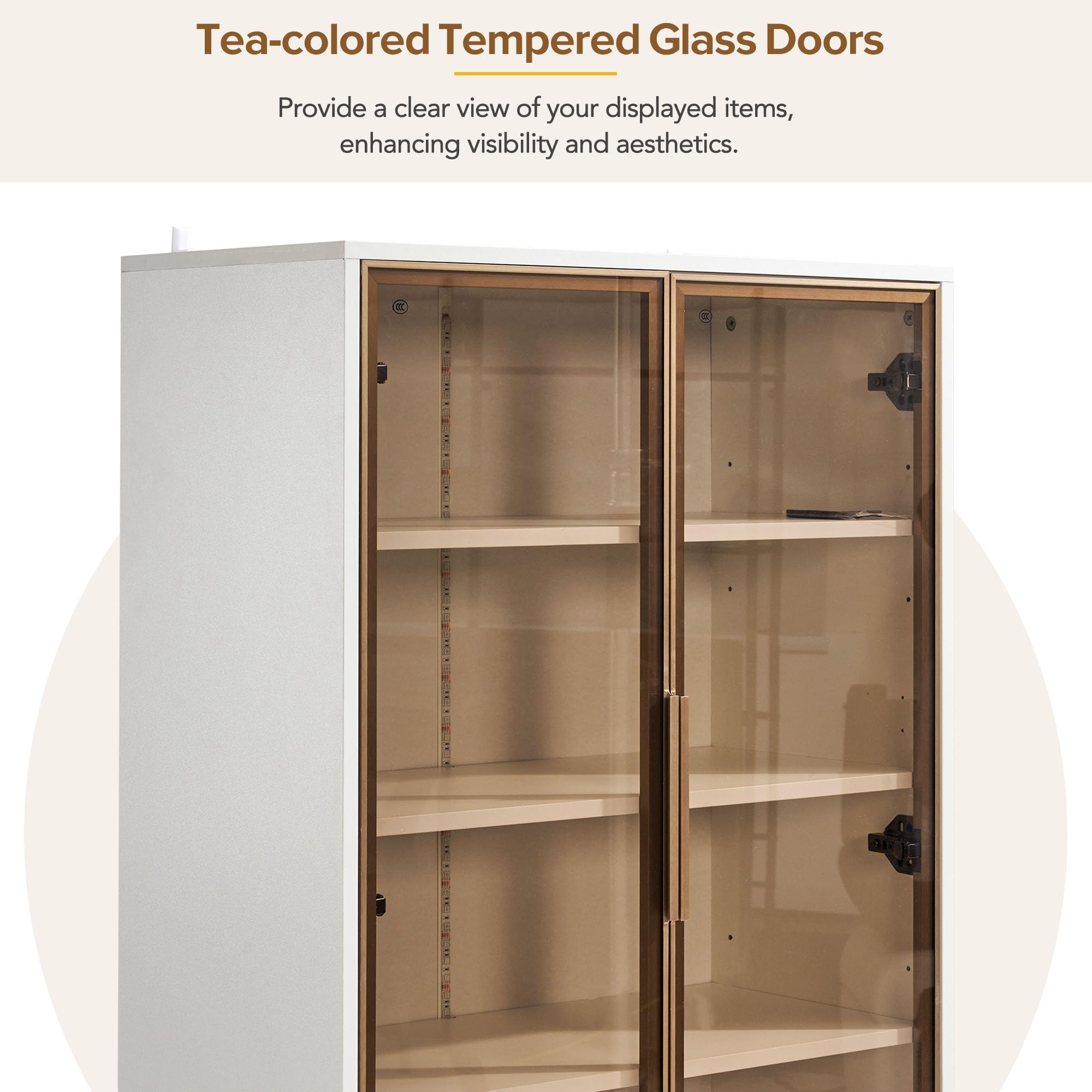 Vitrine für Sammlungen mit Licht, Glasvitrine mit Tür und 2 Schubladen, 150 x 70 x 35 cm, 16 Farben, Wohnzimmermöbel, aus Glas, mit verstellbaren Regalen, Bücherschrank (D, Weiß)