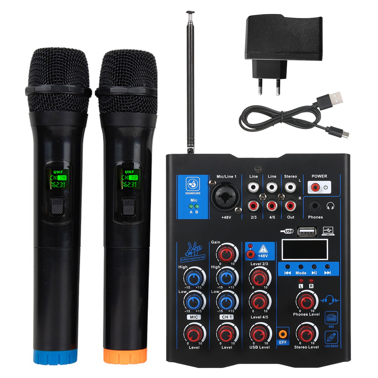HUIOP Mixer audio professionale con doppio microfono wireless,interfaccia del sistema console della scheda audio Mixer DJ a 4 canali,adatto per altoparlante per chitarra PC DJ Karaoke,Mixer Audio Per