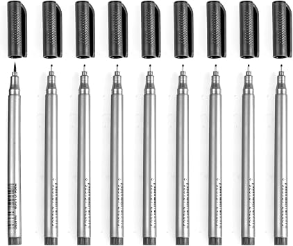 KKLM Drafting Pens, Set of 9, Line Drawing, Extra Fine, Drafting Pens, Set of 9, Black Ink, Ultra Fine Needle, Water-Based, Waterproof, Quick Drying, Line Width 0.002 - 0.04 inch 0.05 - 1.0 mm, For