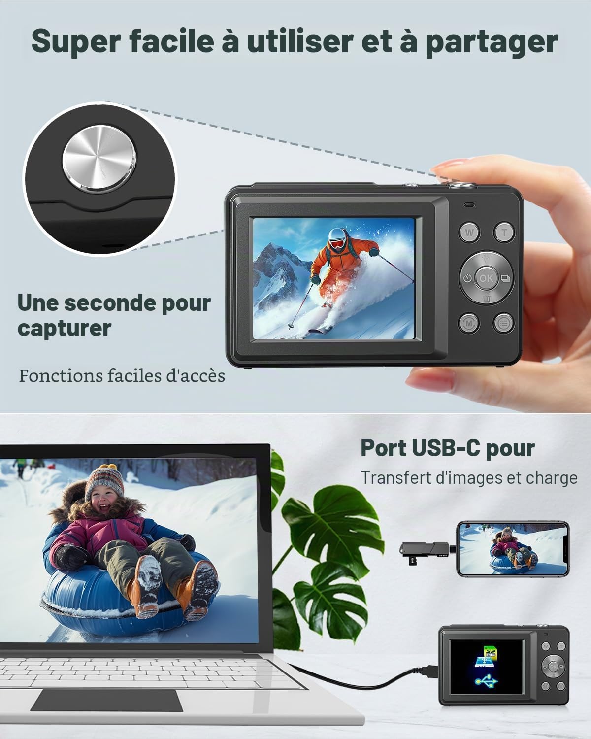 Appareil Photo numérique 1080p, Appareil Photo 44MP avec écran LCD de 2,4", Zoom numérique 16x et Fonction Anti-tremblement, Appareil Photo numérique Compact Portable pour débutants