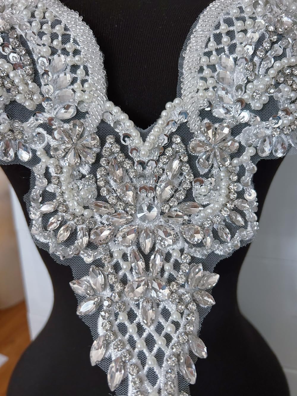 Symmetrical Neckline Appliques - Hand-Sewn Floral White Lace Patches with Glass Rhinestones and Beads, for Bridal & Evening Dress Bodice Decoration, DIY Clothing Trim