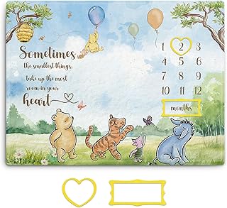 Winnie Milestone Blanket for Baby, The Pooh Babies Monthly Blanket, Classic Winnie Baby Growth Blankets with Photo Tools, Winnie Quotes Sometimes The Smallest Things Milestone Blankets