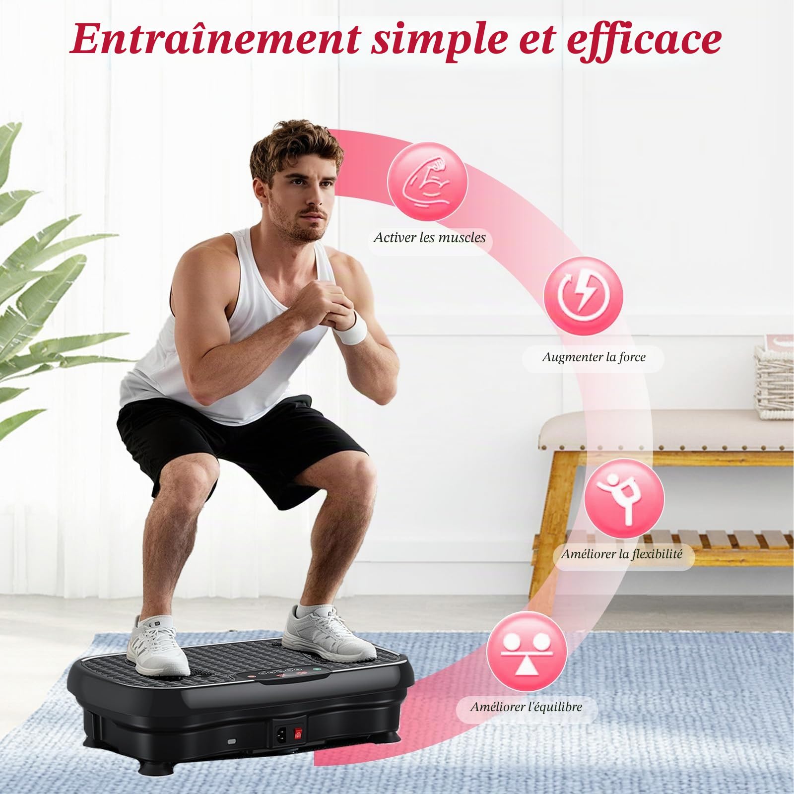 Plateforme vibrante pour la Maison, avec 120 Niveaux d'intensité et 5 Modes, livrée avec 2 Bandes de résistance et Une télécommande, pour la Perte de Poids et Le renforcement Musculaire
