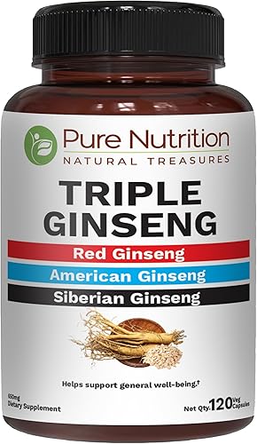 Pure Nutrition Triple Ginseng - Una combinación única y eficaz de ginseng rojo, ginseng americano y ginseng siberiano  Cápsula de 650 mg  Paquete de
