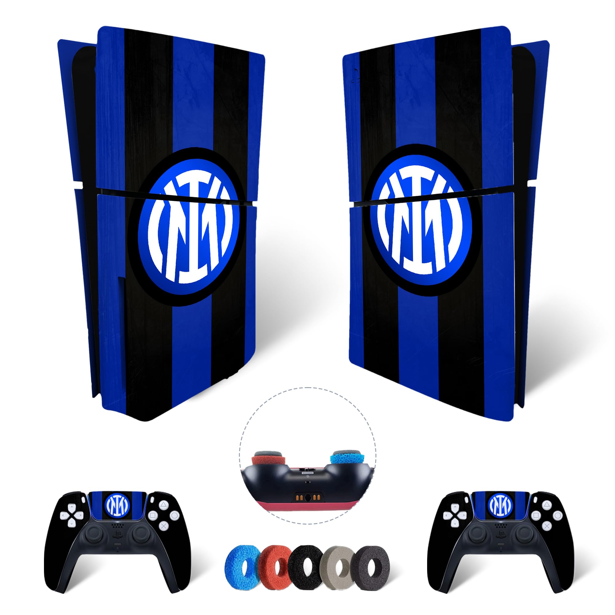 MaD Vision® Extra-Durable Skin Set per PS5 Disc Slim + 5 Paia di Aiming Rings | Pellicola Adesiva in Vinile Opaco per PlayStation 5 + 2 Controllers - per Inter Design