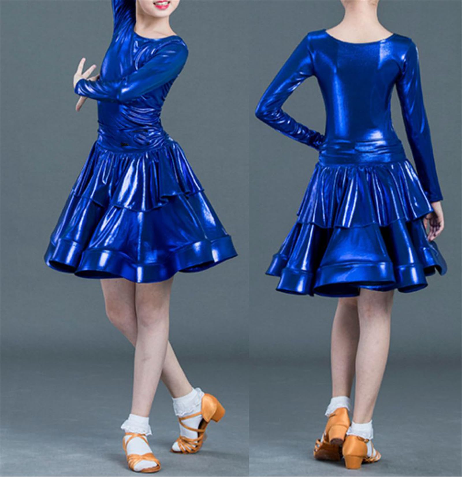 Grazioso Completo da esibizione per Bambini - Gonna a Pieghe Classica a Maniche Lunghe, Orlo Arruffato - Gonna a Battente per Feste da Ballo Brillante Samba Tango Cha-Cha