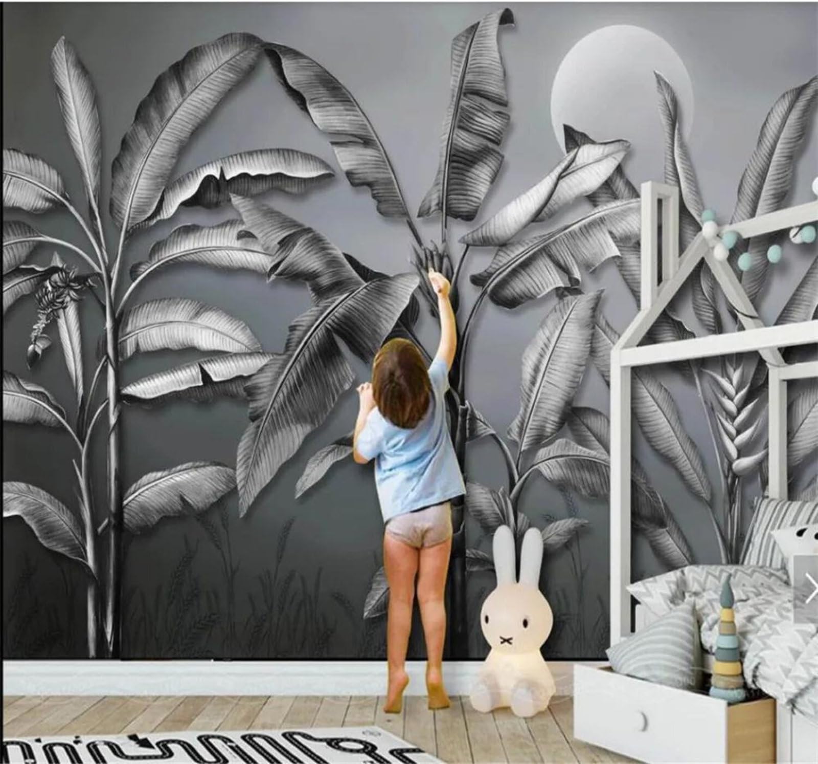 Tzxztt 350Cm×256Cm(B×H) Hand Drawn Three Dimensional Black And White Banana Tree Countryside Modern 3D Wallpaper Premium Textured Silk Neutral Tones Material Ideal For Living Room Bedroom-350Cm×256Cm