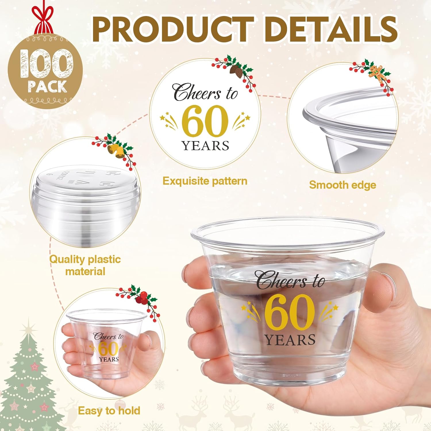 LemonRoad 100 Pack 60th Birthday Cup 9 oz Cheers to 50 Years Birthday Disposable Clear Plastic Cocktail Cups Hot Cold Beverage Drinks for Men Women Wedding Anniversary Decorations Party Favors