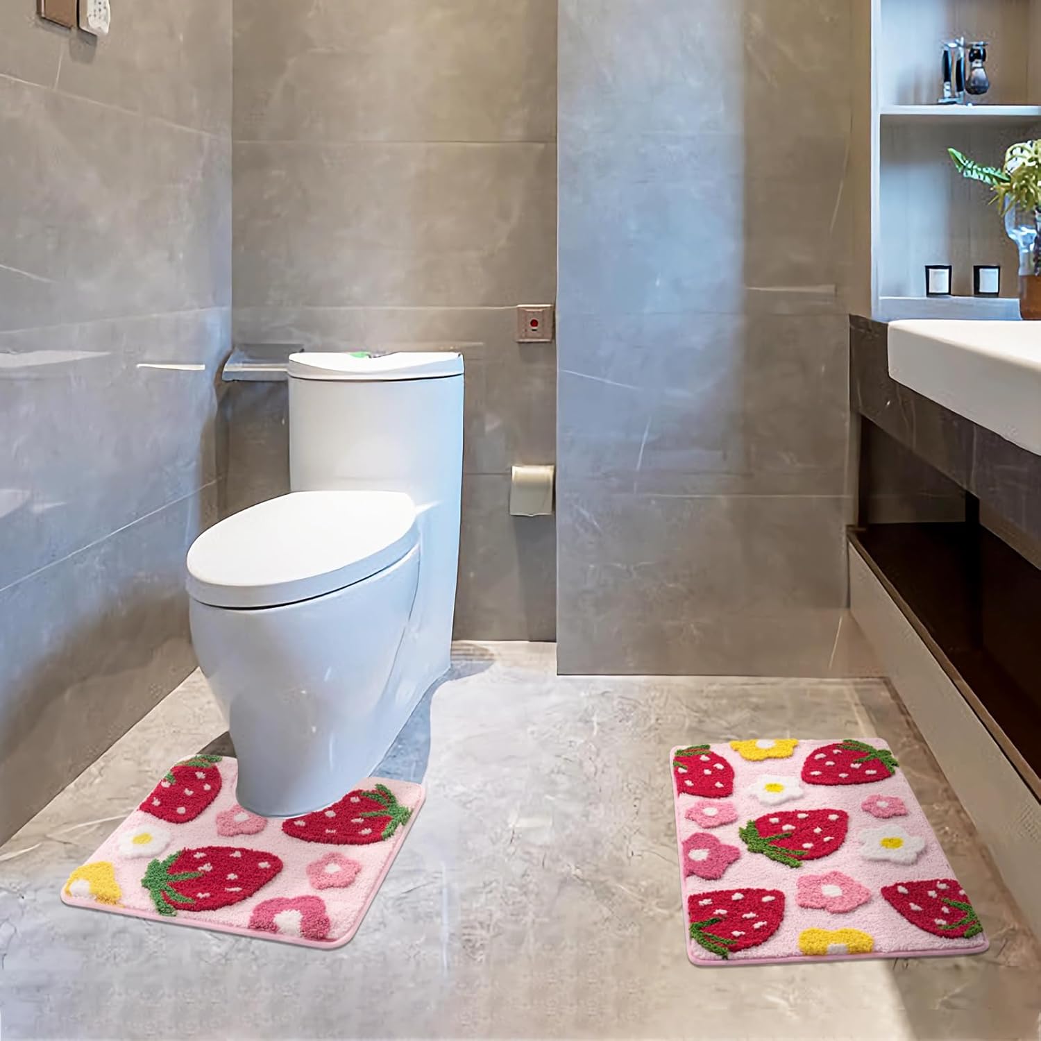 Anybar Pink Bathroom Rug Set 2 Piece U Shaped Cute Strawberry Bath Mat, Flower Bathroom Contour Toilet Mats, Non Slip Washable Bath Rugs