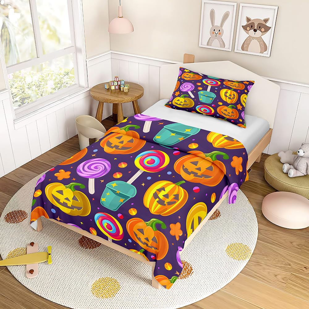 Odot Cot Bed Duvet Cover Set, Halloween Style Childs Toddler Bedding Quilt Covers Set for Kids Boys Girls, Single Bed Duvetcover with Pillowcase Kids Bedding (Candy,120x150cm)