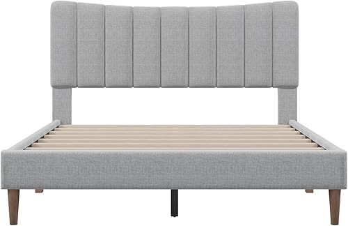 Miniatura 3 de Moderna base de cama tapizada de tamaño Queen con cabecera capitonada de canal vertical marco de cama de lino con plataforma Queen para dormitorio