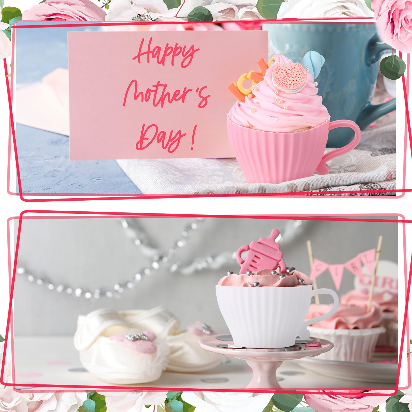 Vesici 12 Silikon-Muffinförmchen zum Backen, Silikon-Cupcake-Formen-Set, Teetassen-Cupcake-Förmchen, wiederverwendbare Muffinförmchen, Teetassen-Cupcake-Backförmchen, 12 Tassen, 12 Untertassen, Weiß