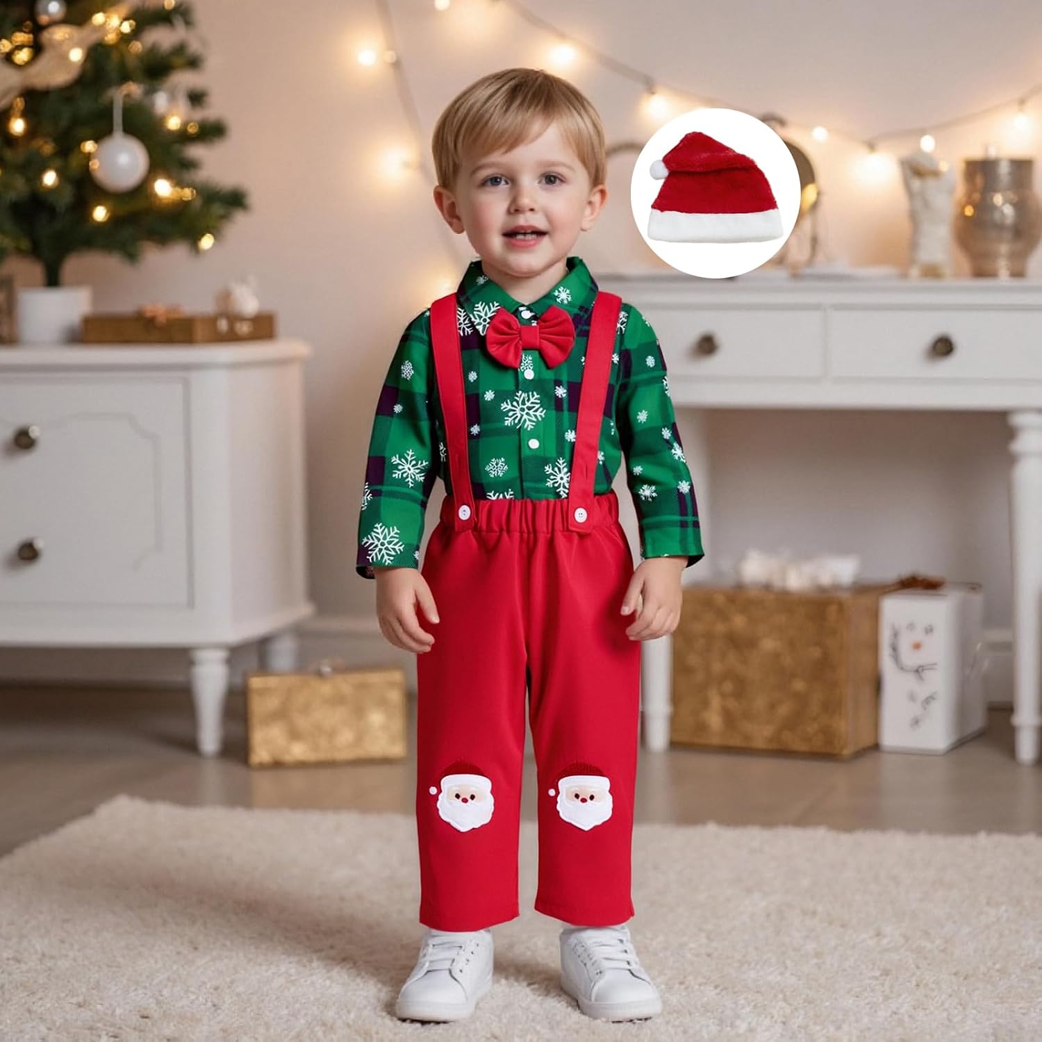 Giraropa My First Christmas Baby Boy Outfit Plaid Romper Sweater Sweatsuit Long Sleeve Suspender Overalls 3Pcs Pants Hat Set
