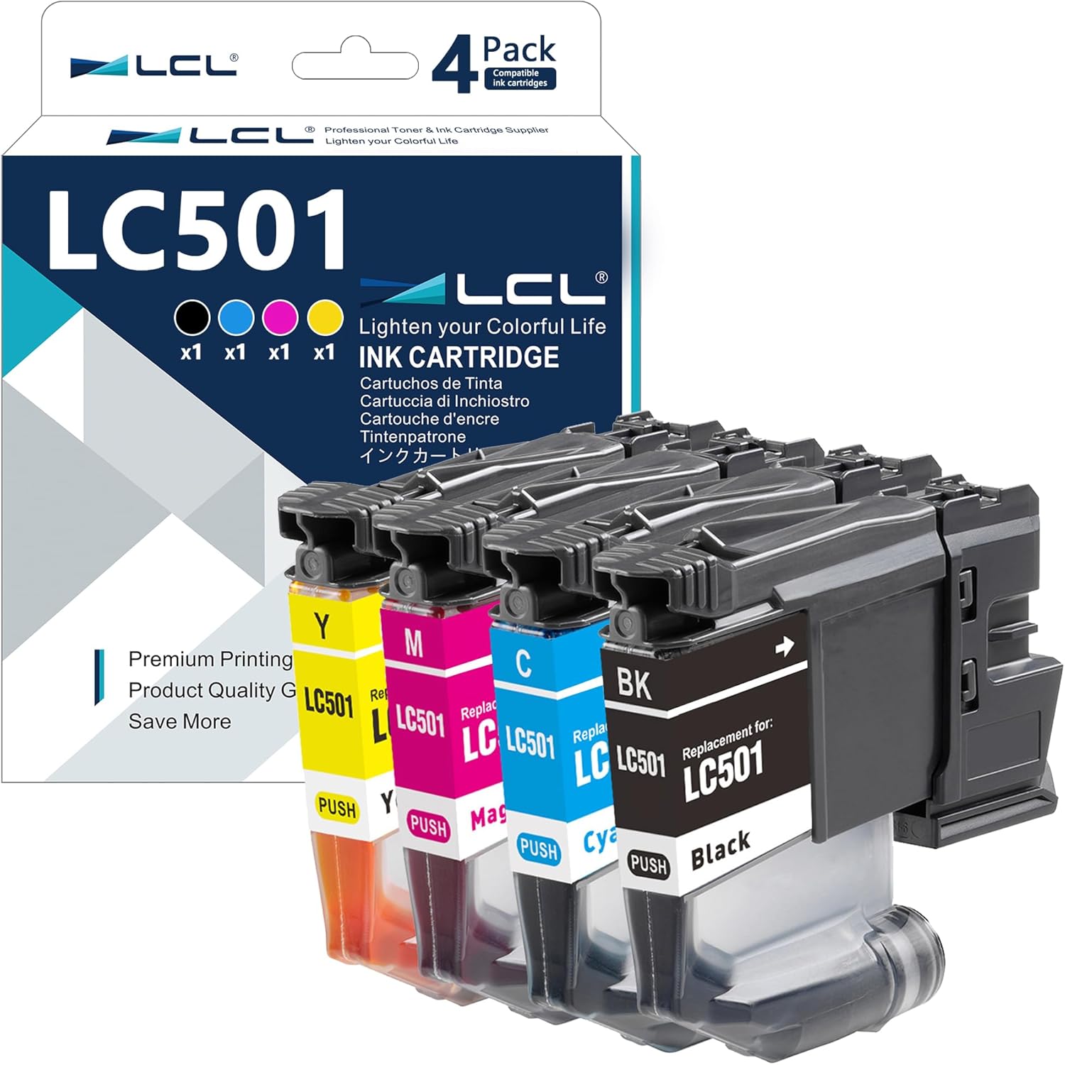 LCL Compatible Ink Cartridge Replacement for Brother LC5014PK LC501 LC501BK LC501C LC501M LC501Y for MFC-J1260DW MFC-J1360DW MFC-J1410DW Printer (Black Cyan Magenta Yellow 4-Pack)