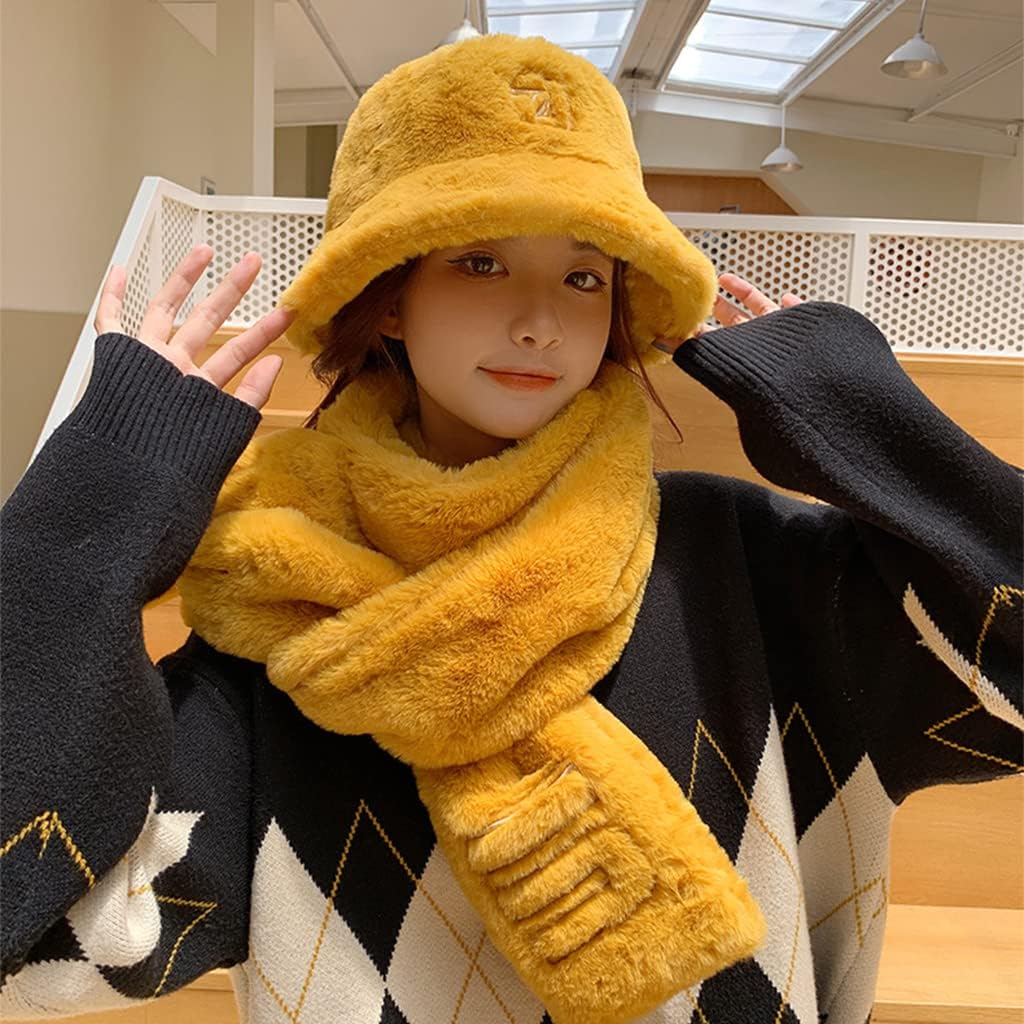 Scarf,Beanie Gloves Scarf Set Cute Bucket Hats For Teens Girls Fuzzy Bucket Hat Fisherman Hat Lady Winter Warm Scarf(Grey)