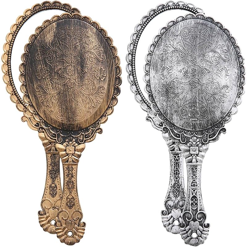BAOZOON Espelhos de mão ovais com cabo, estilo vintage, 20,07 cm x 11,43 cm, prata vintage e bronze vintage, pacote com 2