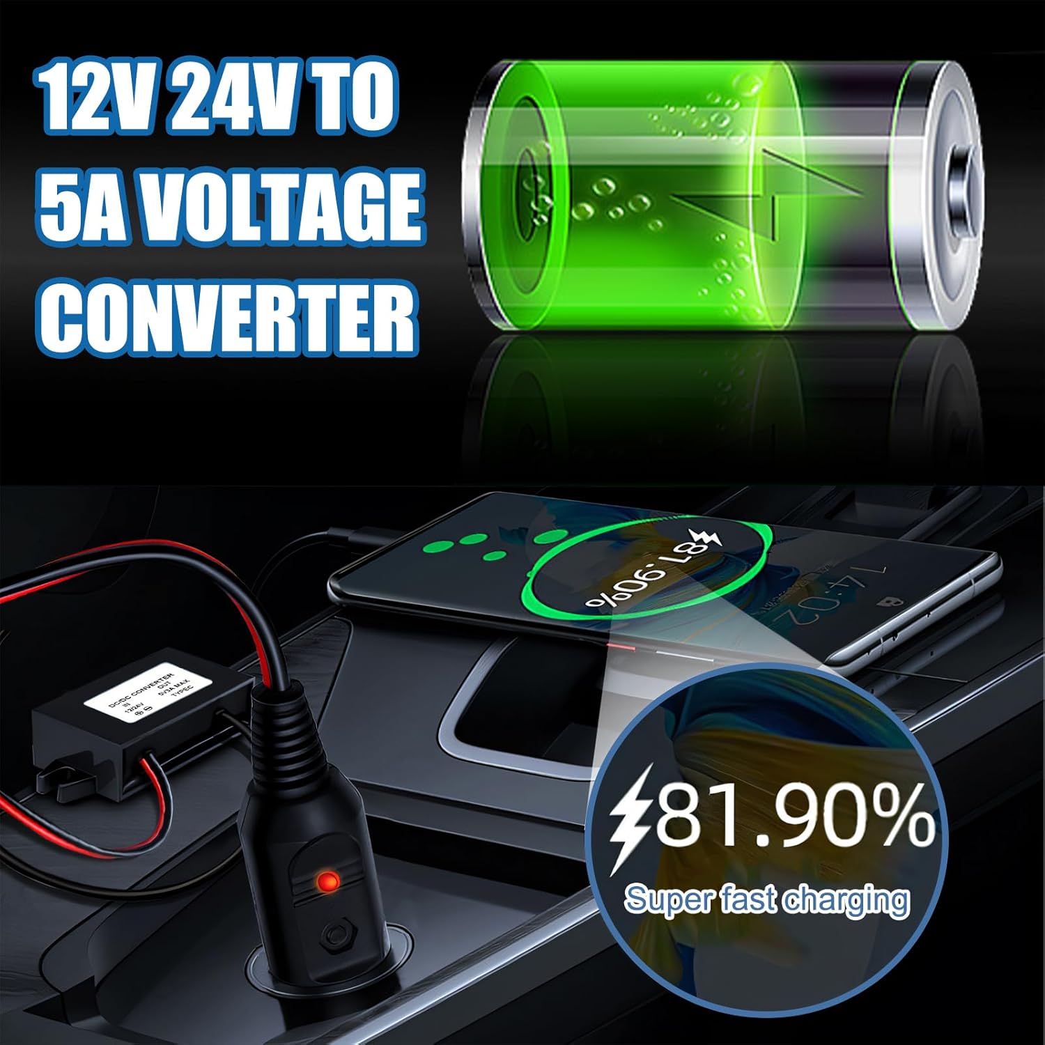 Car Power Converter DC 12V/24V to 5V 3A, Downstream Converter, USB Power Supply, Type-C Interface, DC Voltage Regulator for Car and Outdoor