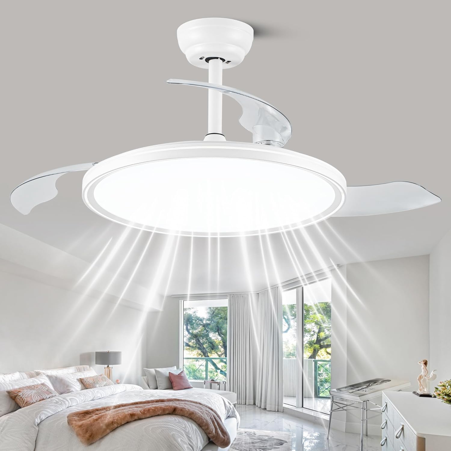 42" Retractable Ceiling Fan with Lights, Ultra-Thin Modern Ceiling Fan White Fandelier Chandelier LED Light, Reversible Silent DC Motor 6 Speed 3CCT for Bedroom Living Room