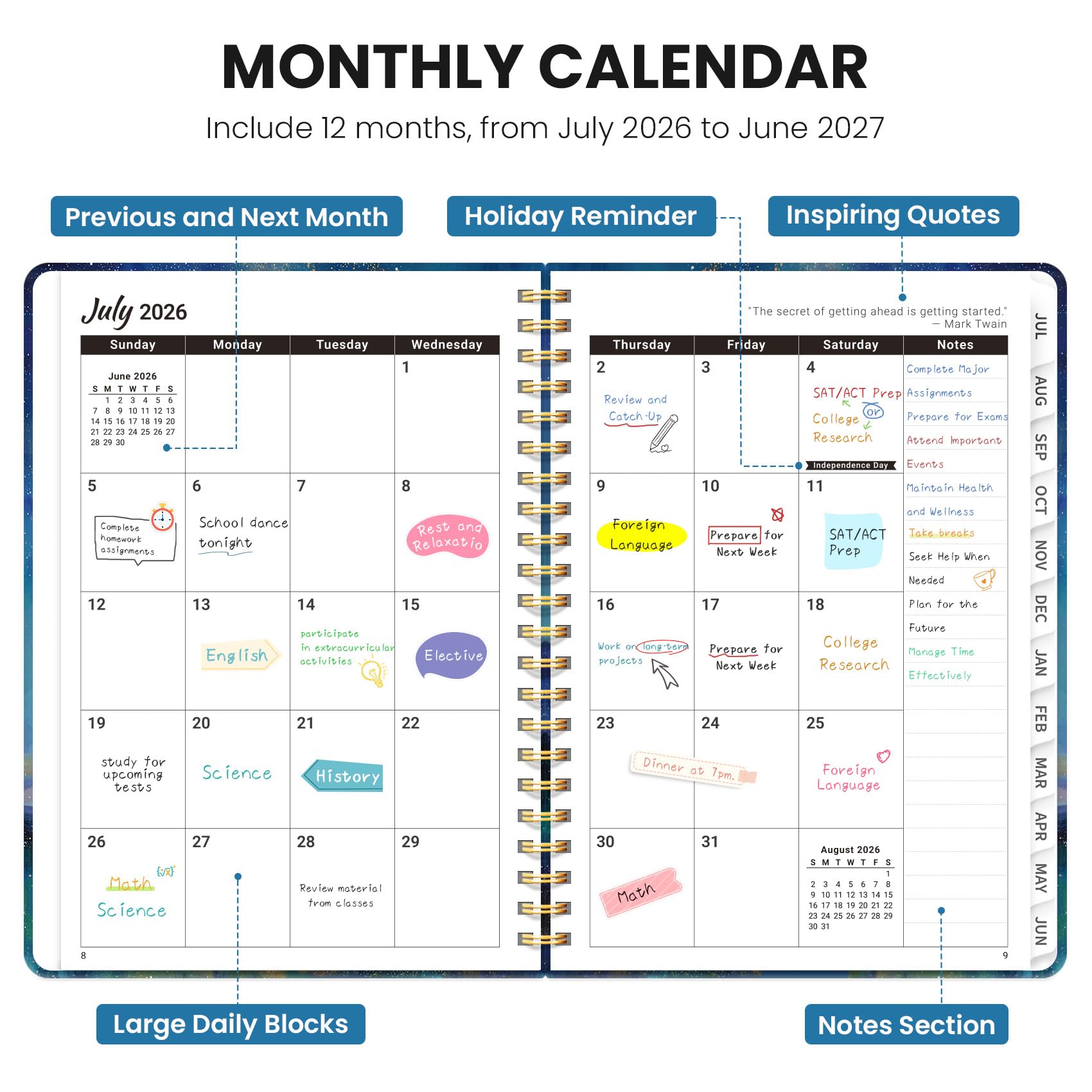 Planner 2026-2027, planner accademico settimanale e mensile, da luglio 2026 a giugno 2027, strumento di pianificazione scolastica rilegato a spirale con linguette e tasca, perfetto per studenti e