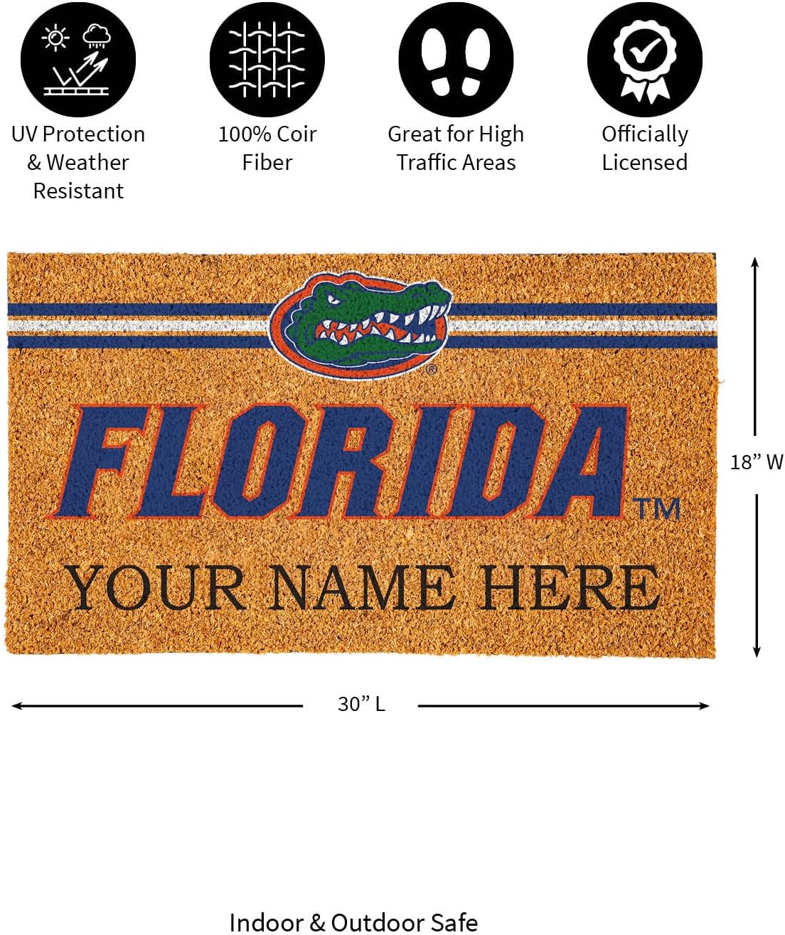 Team Sports America NCAA University of Florida College Personalized Coir Door Mat, 18 x 30 Inches Custom Name Doormat, Front Door Welcome Mats