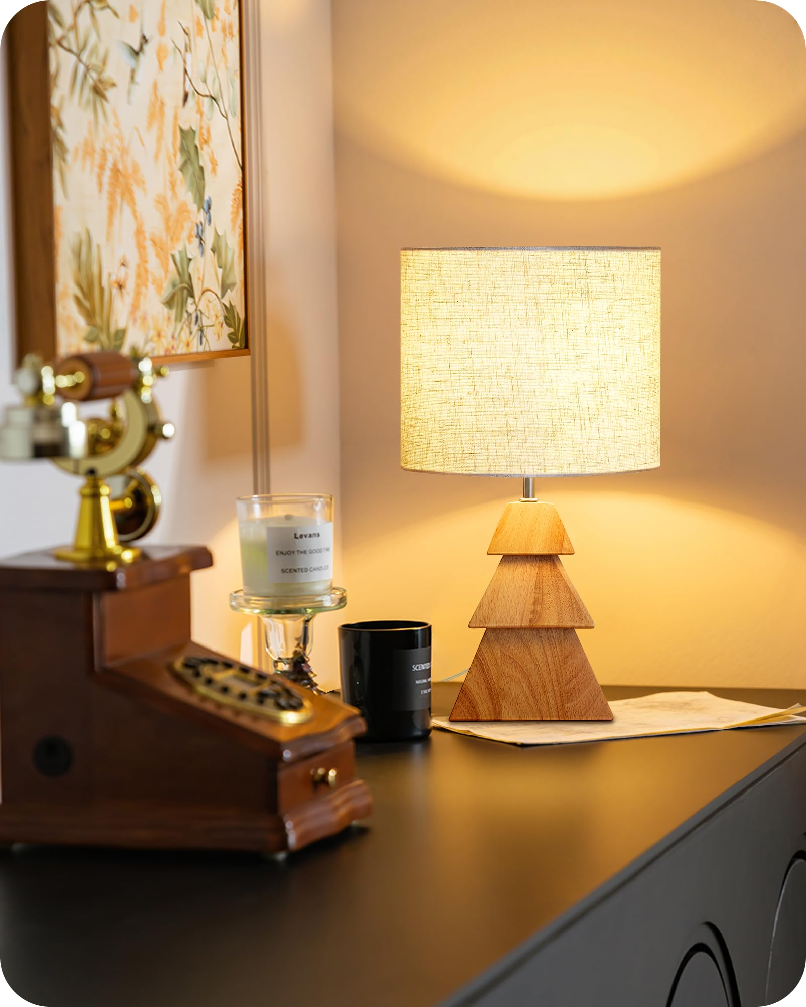 GOEBLESON Small Table Lamp, Wood Desk Lamp with Tree-Shaped Base & Linen Lampshade, Bedside Lamp with Cable, E27 Base - Image 2