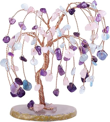 Miniatura 8 de SUNYIK Juego de 7 árboles de dinero de cristal Chkara hechos a mano sobre una base de rodajas de ágata natural, árbol de la vida curativo, cristales