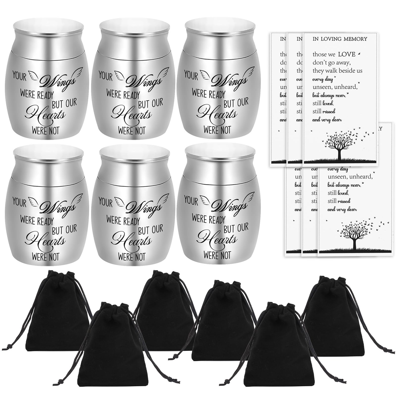 AIOMOB 6 Set Small Urns for Ashes Cremation Urns 1.57 Inch Silver Ashes Keepsake Funeral Urn with Memorial Cards and Velvet Bag for Human Pet Ash(Angel Wings)