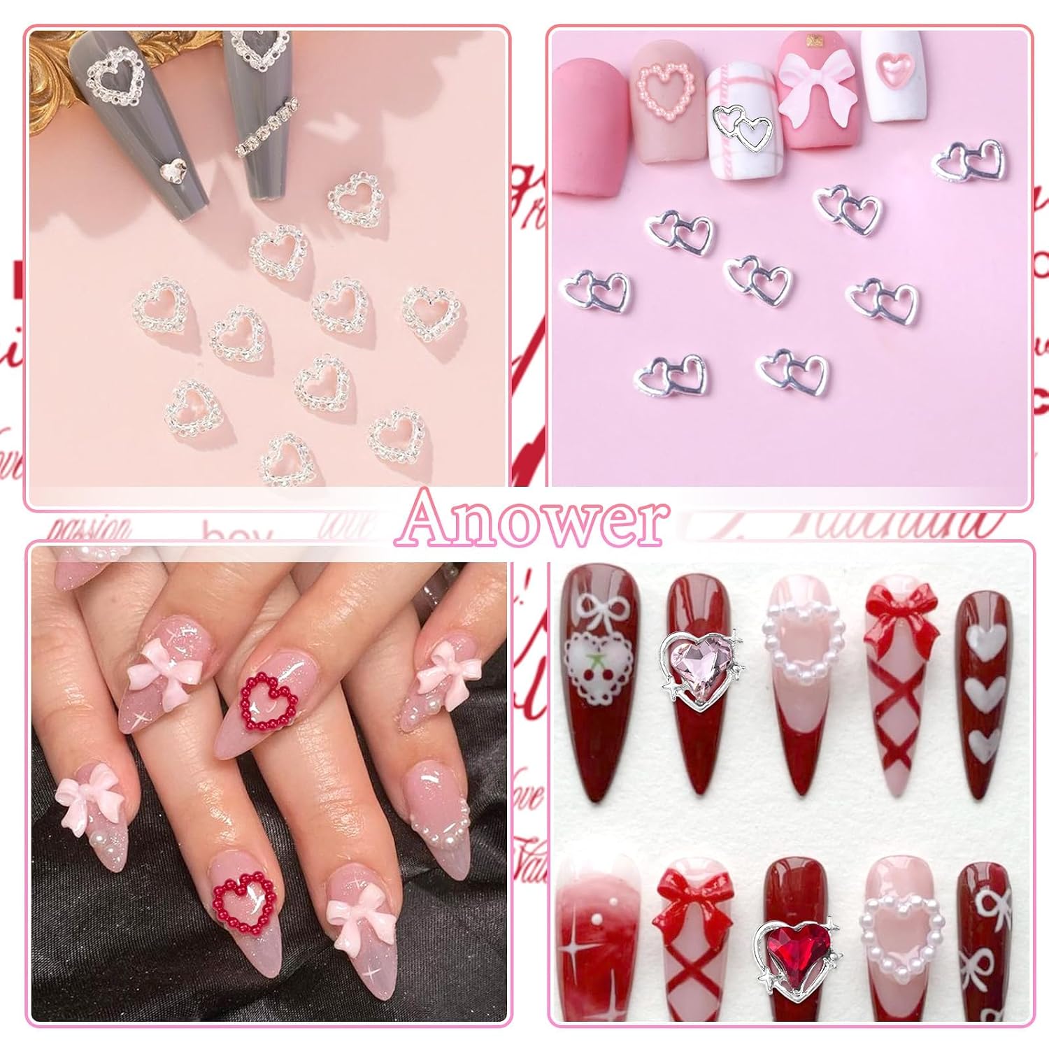 Valentine's Day Nail Charms，Pink Colors Red Bows Hollow Rhinestones for Acrylic Nails , 3D Dangle Heart Nails Charm, Bowknot Heart Silver Y2K Jewelry Charms for Nail Art DIY