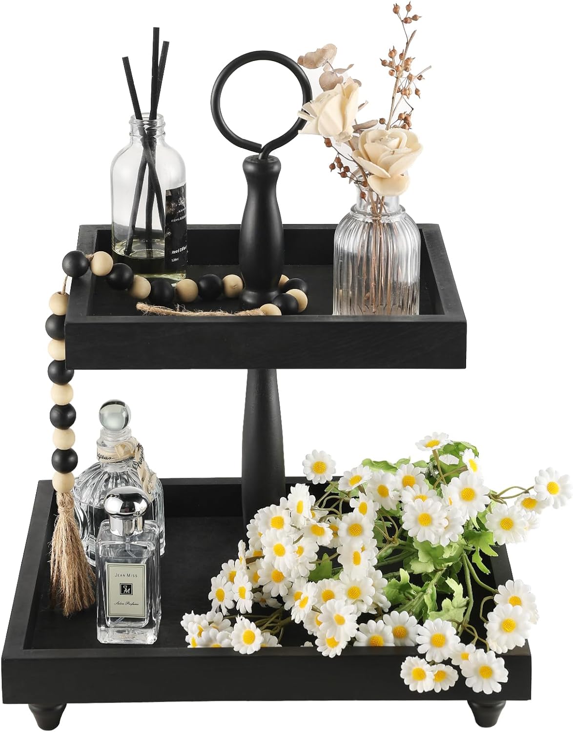 Tiered Tray Stand, Rustic Wooden 2 Tier Decorative Tray with Bead Garland, Farmhouse Square Wood Serving Tray Counter Centerpiece for Coffee Bar Home Decor Holiday Holloween Housewarming Gifts (Black)