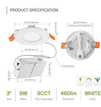 ASD 12 Pack 3 Inch LED Recessed Light 6W, 5 CCT 2700K-5000K CRI90+, IC Rated Ultra Thin Dimmable Ceiling Lights with J Box, Canless Wafer Downlight, Round Slim Panel Lighting, UL Energy Star, White