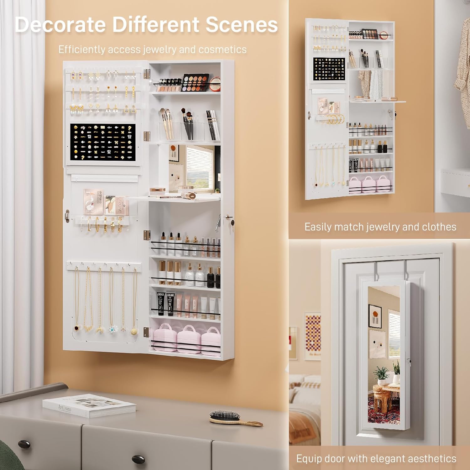 Bonnlo Jewelry Armoire Organizer with Mirror, Space-Saving 2 in 1 Wall Mounted/Door Hanging, Jewelry Cabinet with Keys, Bedroom Bathroom Cosmetics Storage Cabinet with 6 Shelves (Modern White)