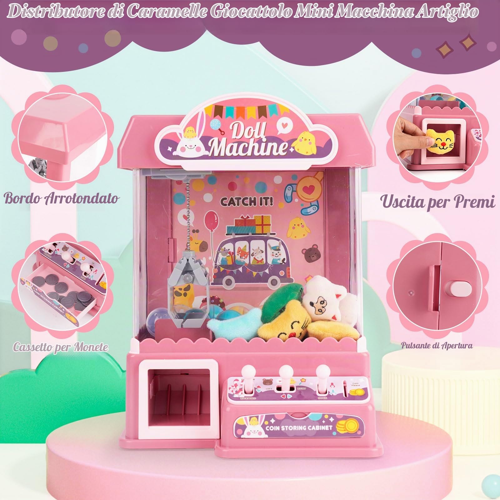 Mini Macchina per Artigli Grabber Caramelle Machine con 10 Bambole 10 Palline 20 Valuta di Gioco,elettrica luci e Suoni interattivi Claw Machine