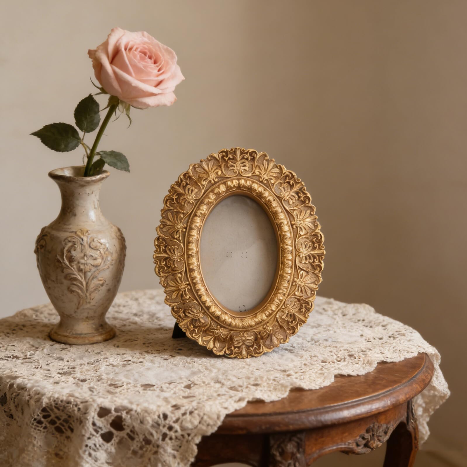 Marco de Fotos Ovalado Dorado Vintage de Resina para Pared | 24 X 20cm, Uso en Mesa y Colgado, Estilo Barroco Antiguo Europeo para Fotos de Boda y Entrada