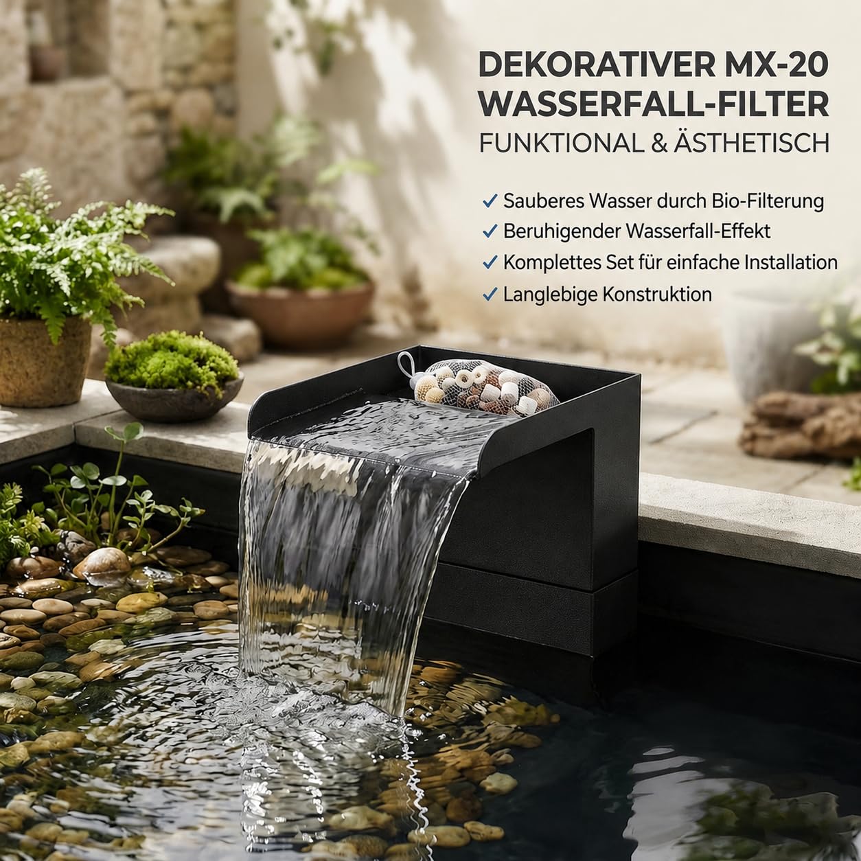 Set a cascata in acciaio inox, con pompa da laghetto da 45 W, tubo da 1,2 m e mezzi filtranti, set di filtri a cascata per laghetti da giardino, laghetti Koi, piscina e giochi d'acqua da