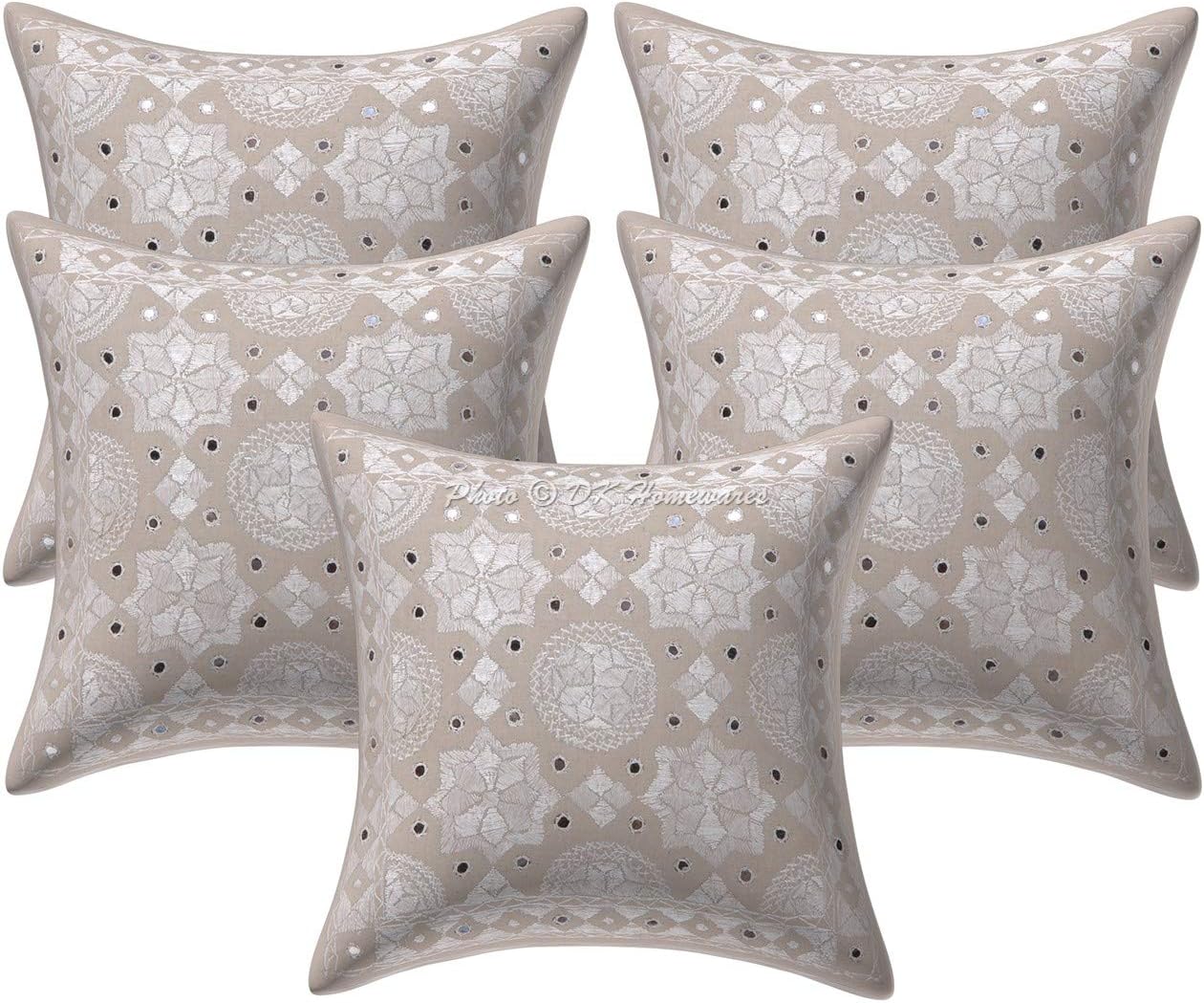 Boho Decorative Couch Throw Pillow Covers 16 x 16 Inch Cotton Embroidered Mirrored Ethnic Square Toss Cushion Covers (Size - 40x40 cm ; Color: Off White) - Set of 5 Pcs (Cover Only)