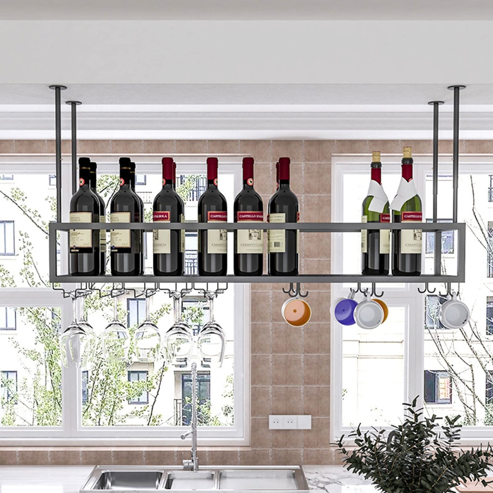 Przemysłowy regał na wino z metalu do montażu na ścianie w stylu vintage, wiszący regał na kieliszki do wina pod szafką, regał do baru domowego, restauracji, kawiarni, kuchni, wyposażenia i