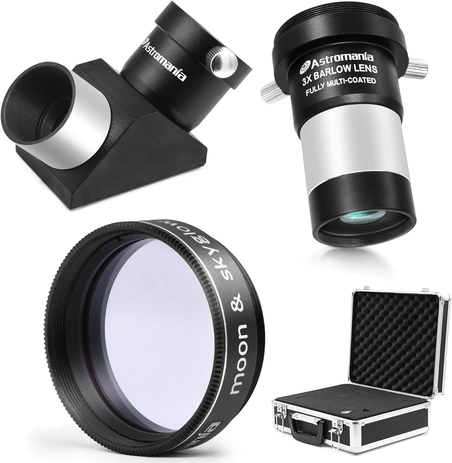 Astromania 1.25 Inch Telescope Eyepiece Case - Bundle with - 1.25 Inch 90 Degree Erecting Prism, Moon Filter, 3X Barlow Lens