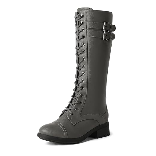 DREAM PAIRS Women's Georgia Grey Faux Leather Pu Knee High Riding Combat Boots Size 8 M US