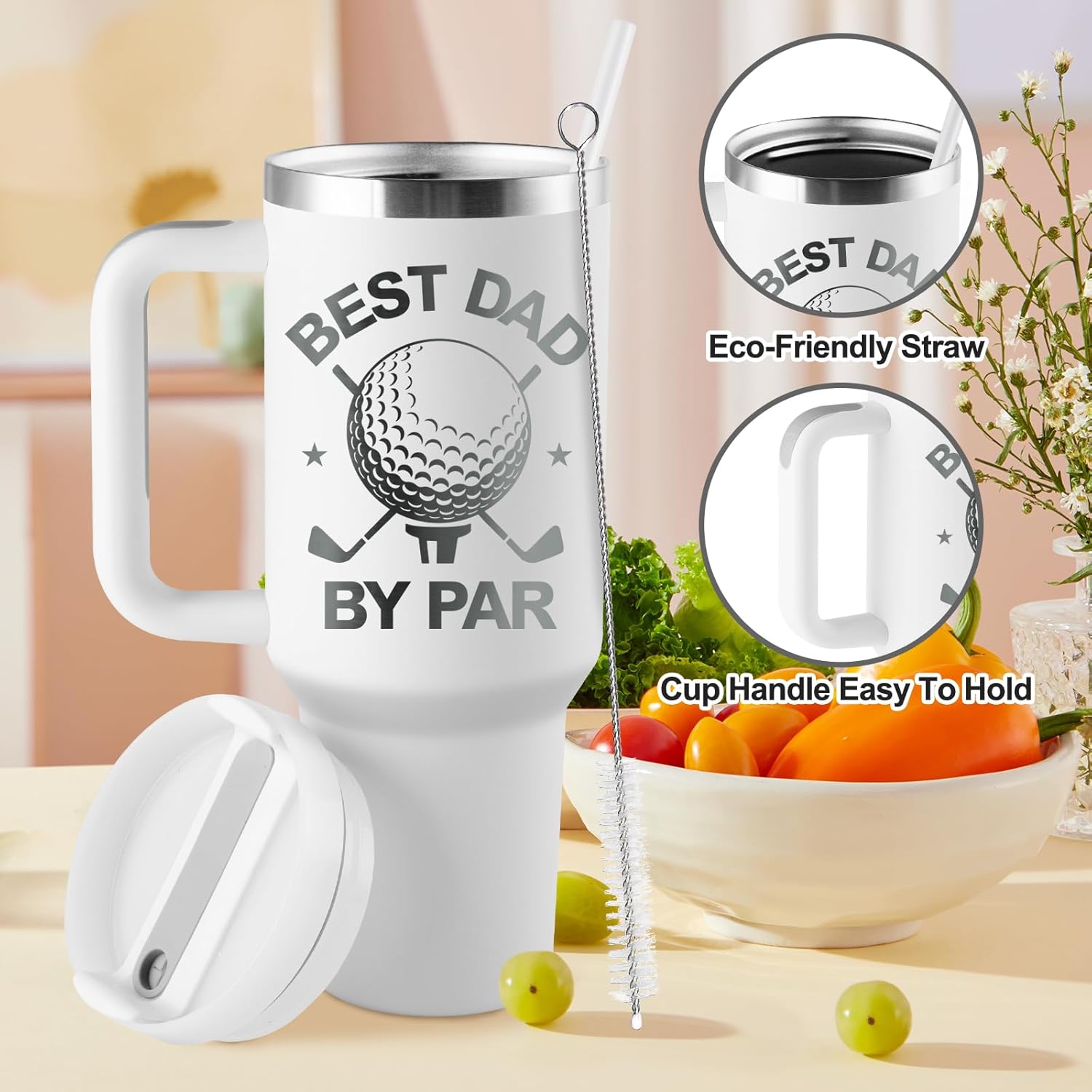 Golf Gifts for Dad - Golf Gifts for Men - Golfer Gift Ideas for Him - Best Dad By Par - 40oz Travel Cup Insulated Tumbler with Handle & Straw - Image 4