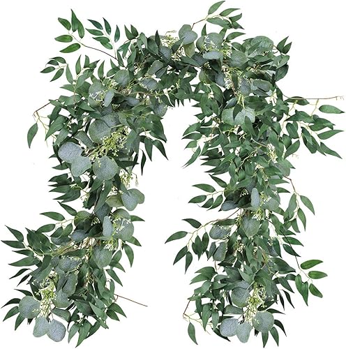 Fake Greenery Garlands Artificial Silver Dollar Eucalyptus Garland in Grey Green and Willow Twigs Garland Intertwined Together for Rustic Wedding