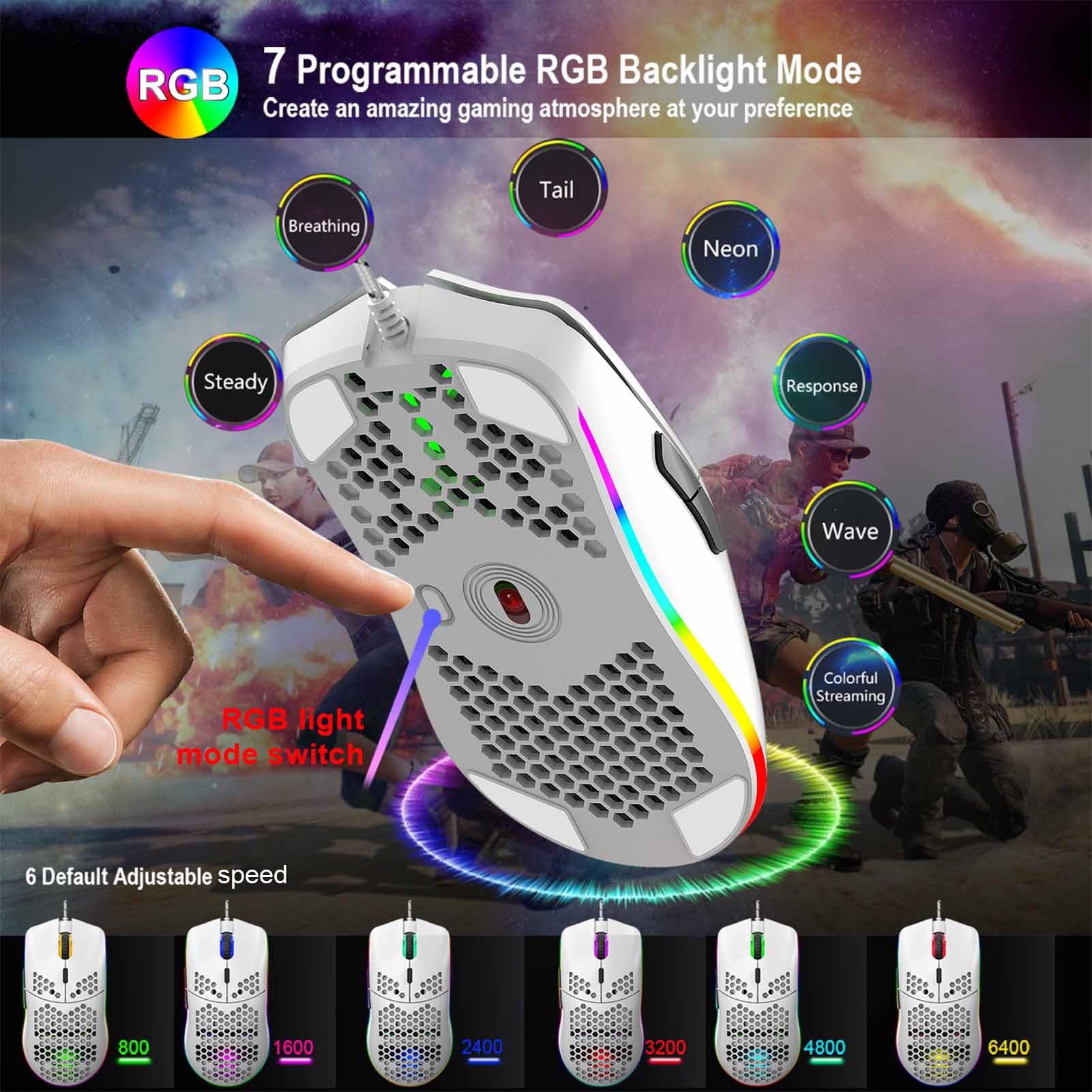 Asixxsix Zestaw Przewodowej Klawiatury i Myszy do Gier w 60% RGB, Mysz do Gier o Rozdzielczości 6400 DPI, 61 Klawiszami z Podświetleniem RGB, Mysz USB na Laptopach (Biały zestaw)