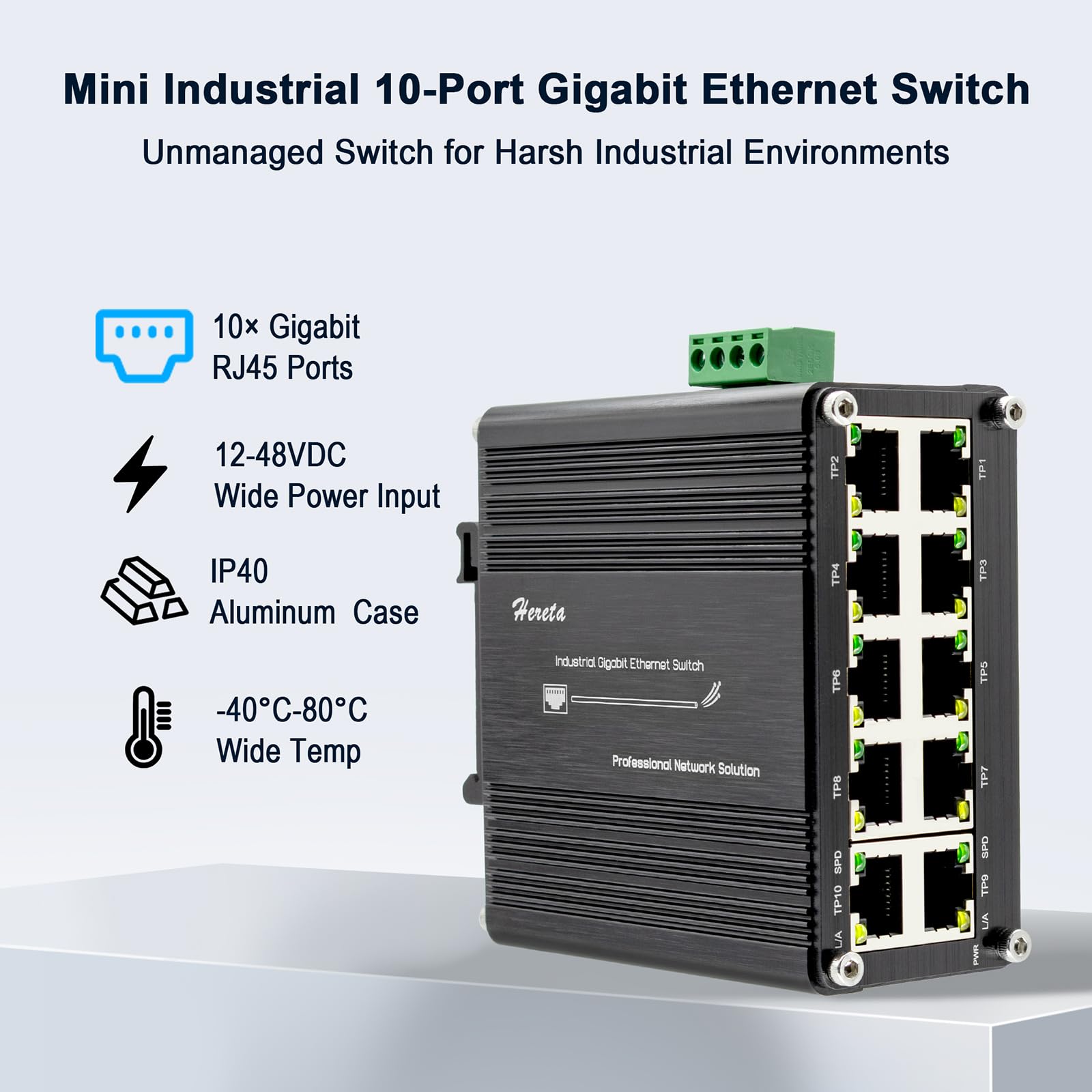 Switch Ethernet Gigabit de 10 Puertos, Industrial Conmutador Gigabit con 10 x RJ45 Puerto, 10/100/1000 Mbps, No Gestionado, Plug & Play, Admite una Entrada de 12–48 V CC