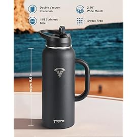 Topre 40 oz Insulated Water Bottle with Straw and Lid, Food-grade Double Wall Vacuum Stainless Steel Flask with Handle,Leakproof Metal Travel Jug With Carry Pouch and Brush,Keep Cold & Hot,Black
