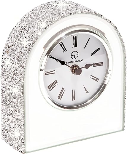 Mirror Glass Desk Table Clock with Diamond Inlay, 5.1 inches in Height, Morning Call for Desk Fireplace Living Room Home Sparkle Twinkle Bling Decor