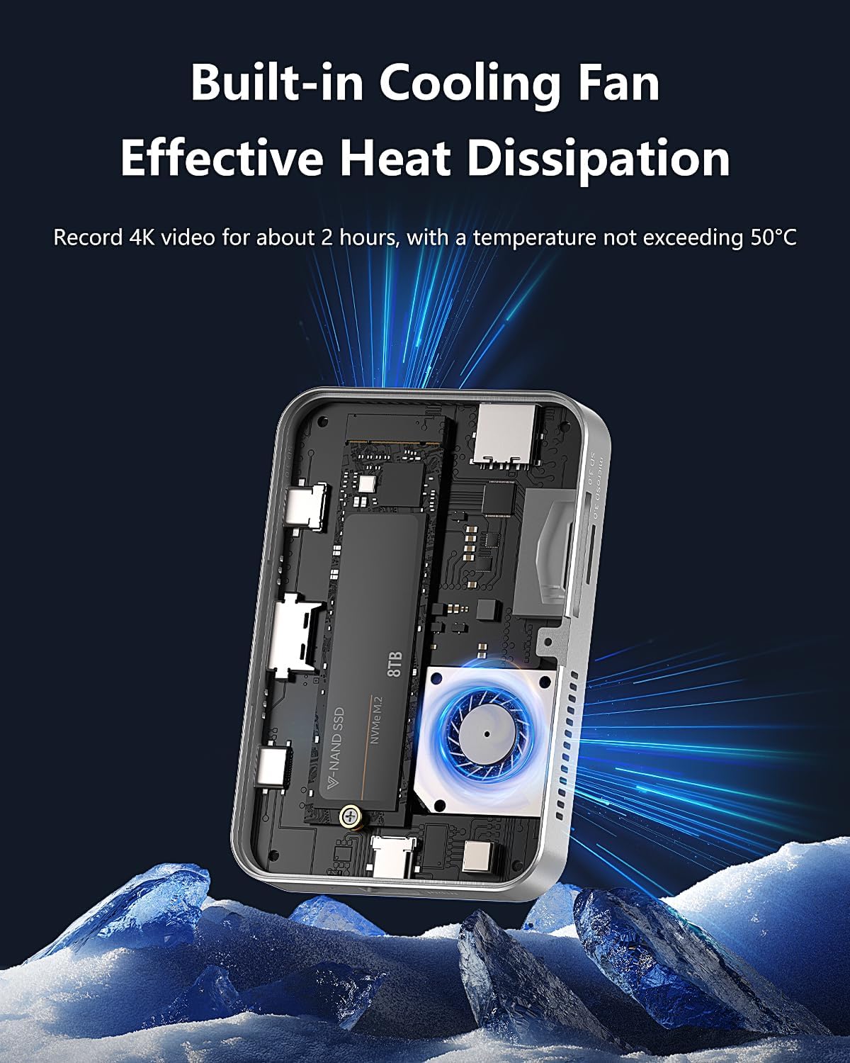 Magnetic M.2 NVMe Enclosure with Cooling Fan, 7 in 1 USB C Hub 10Gbps Data Transfer 4K@60Hz HDMI 100W Power Delivery SD/TF Card Reader M.2 NVMe SSD Docking Station for Type-C Devices